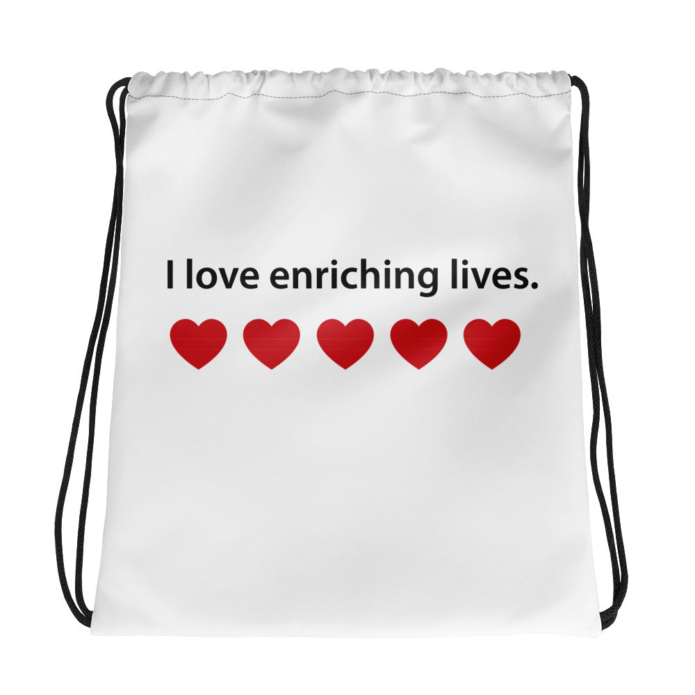 Drawstring bag: I love enriching lives. Red Heart