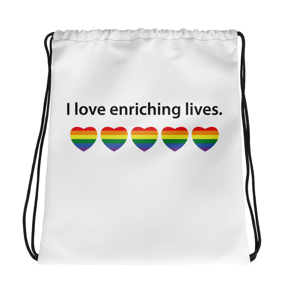 Drawstring bag: I love enriching lives. Rainbow Heart