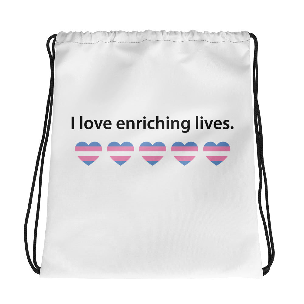 Drawstring bag: I love enriching lives. Trans Heart